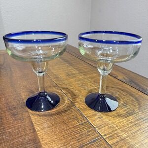 2 Cobalt Blue Rim Mexican Hand Blown Margarita Glasses Fiesta Cocktails